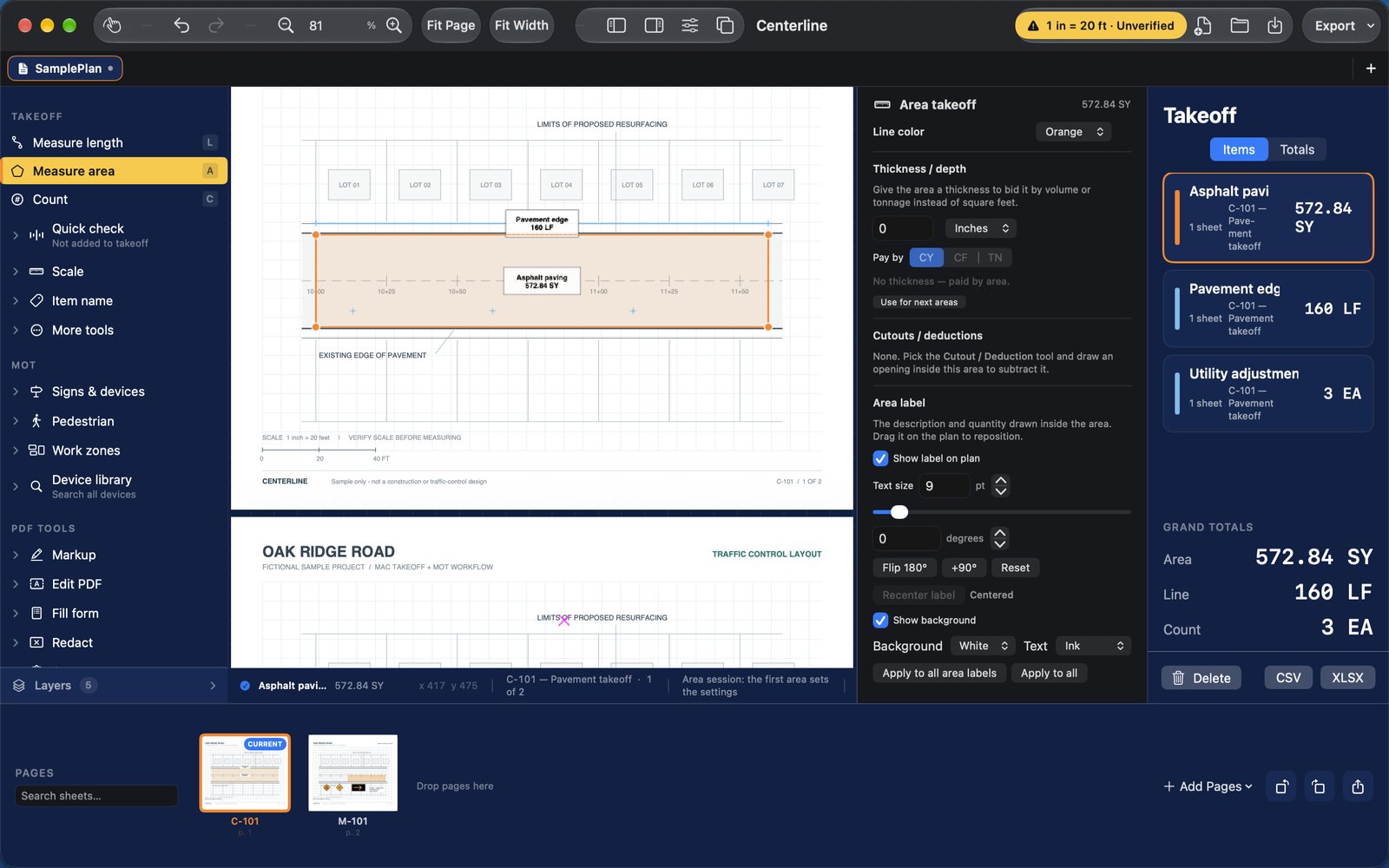 Centerline on a Mac with an asphalt paving area takeoff on a sample plan, the area takeoff settings panel, and a Takeoff panel listing quantities and grand totals